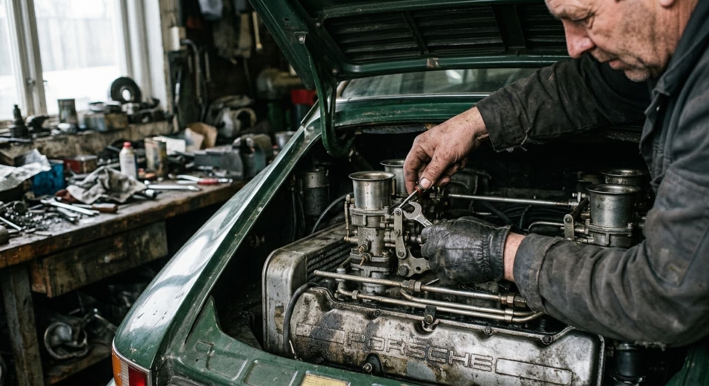 Técnico ajustando motor boxer com o capô traseiro aberto