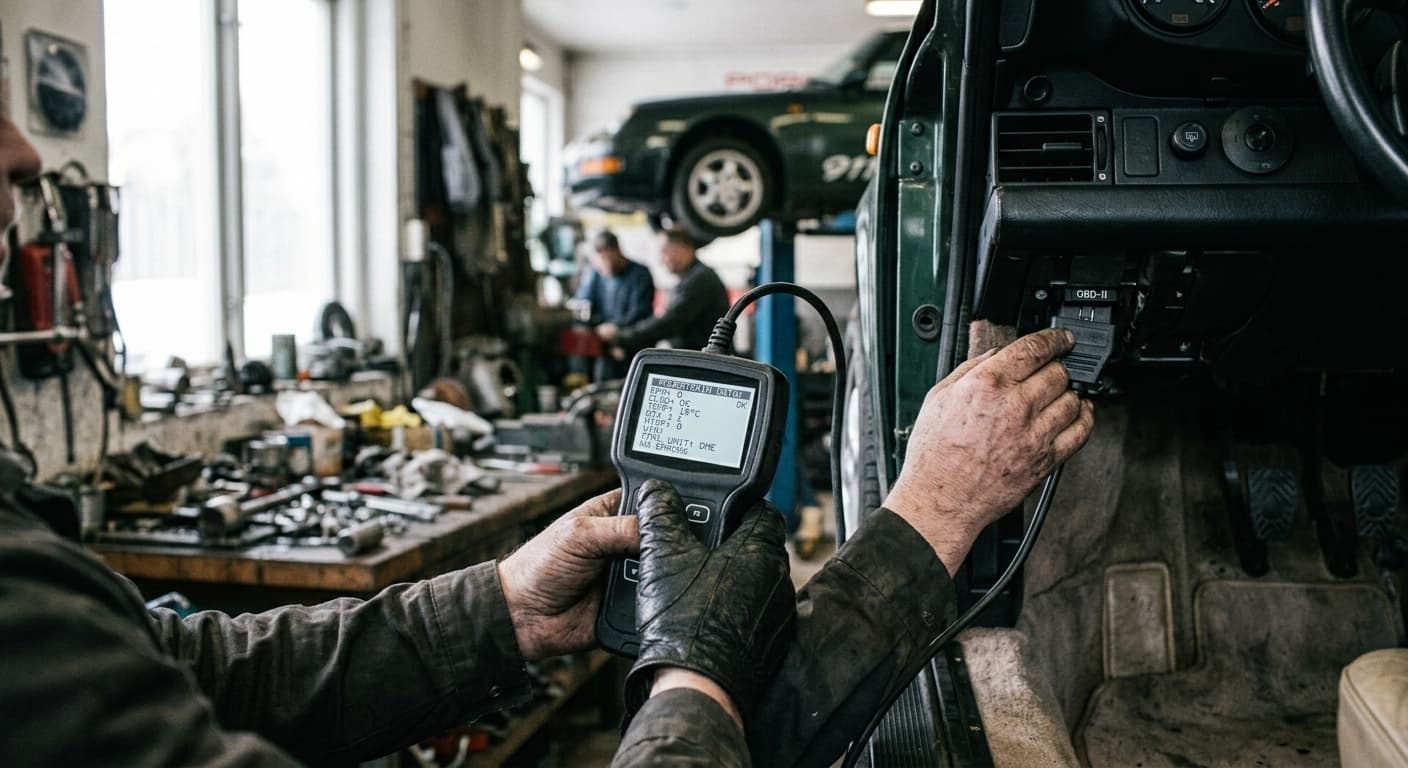 Scanner de diagnóstico conectado à porta OBD de um Porsche