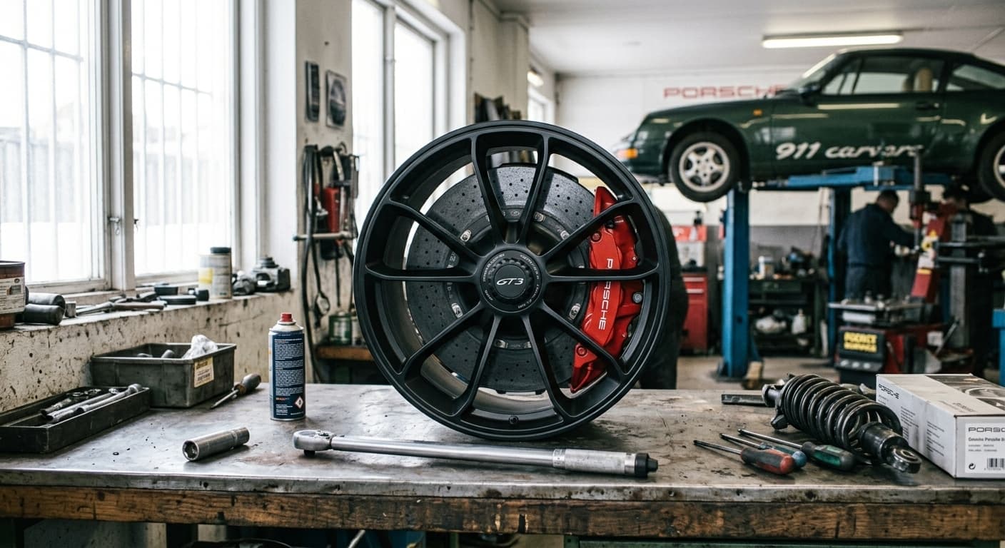 Roda e pinça de freio Porsche recém-instaladas sobre bancada