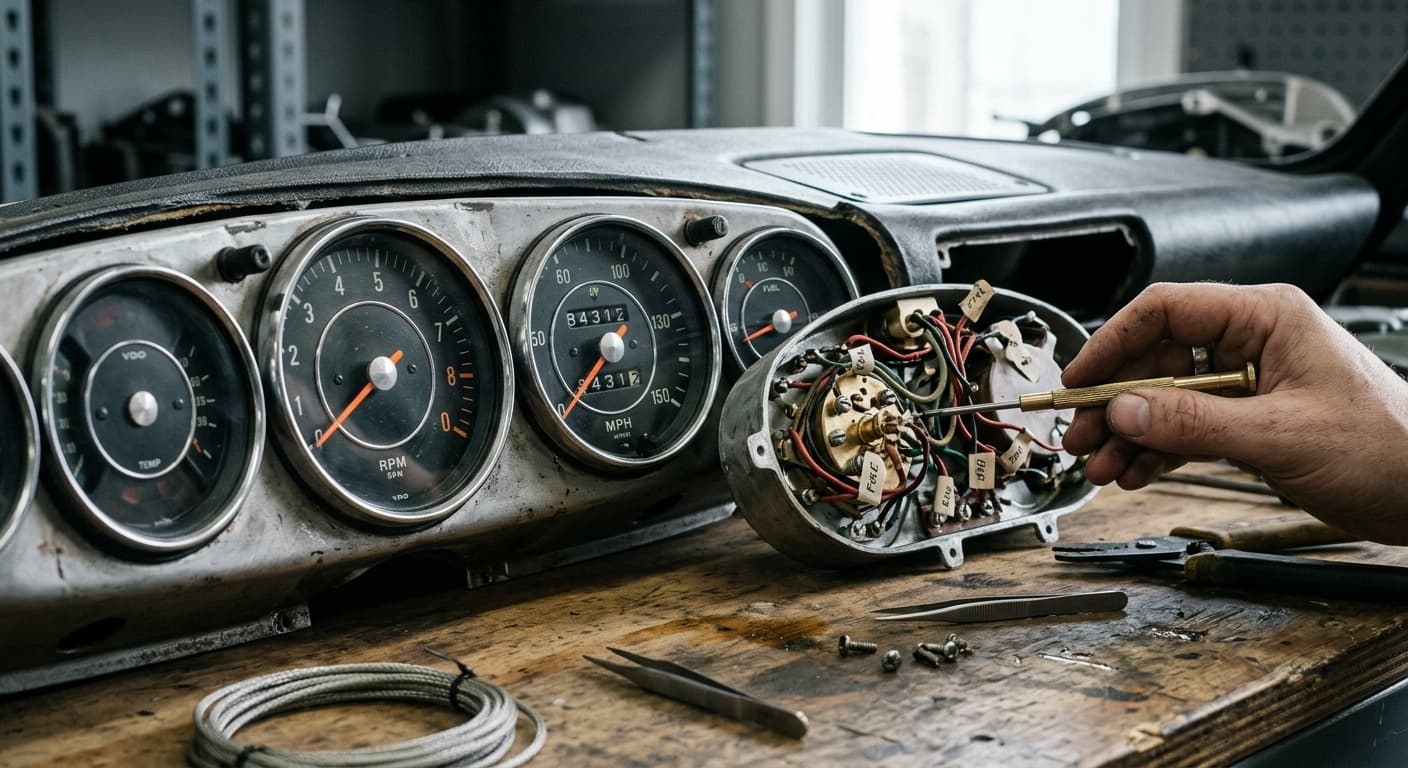 Painel de instrumentos de um Porsche clássico em restauração