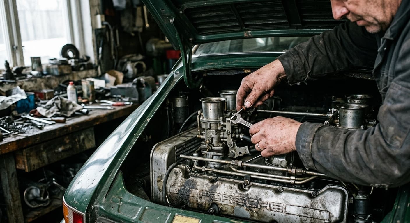 Mãos técnicas trabalhando em motor Porsche no ateliê