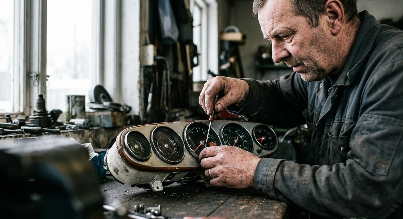 Fundador do ateliê observando painel de instrumentos de um Porsche